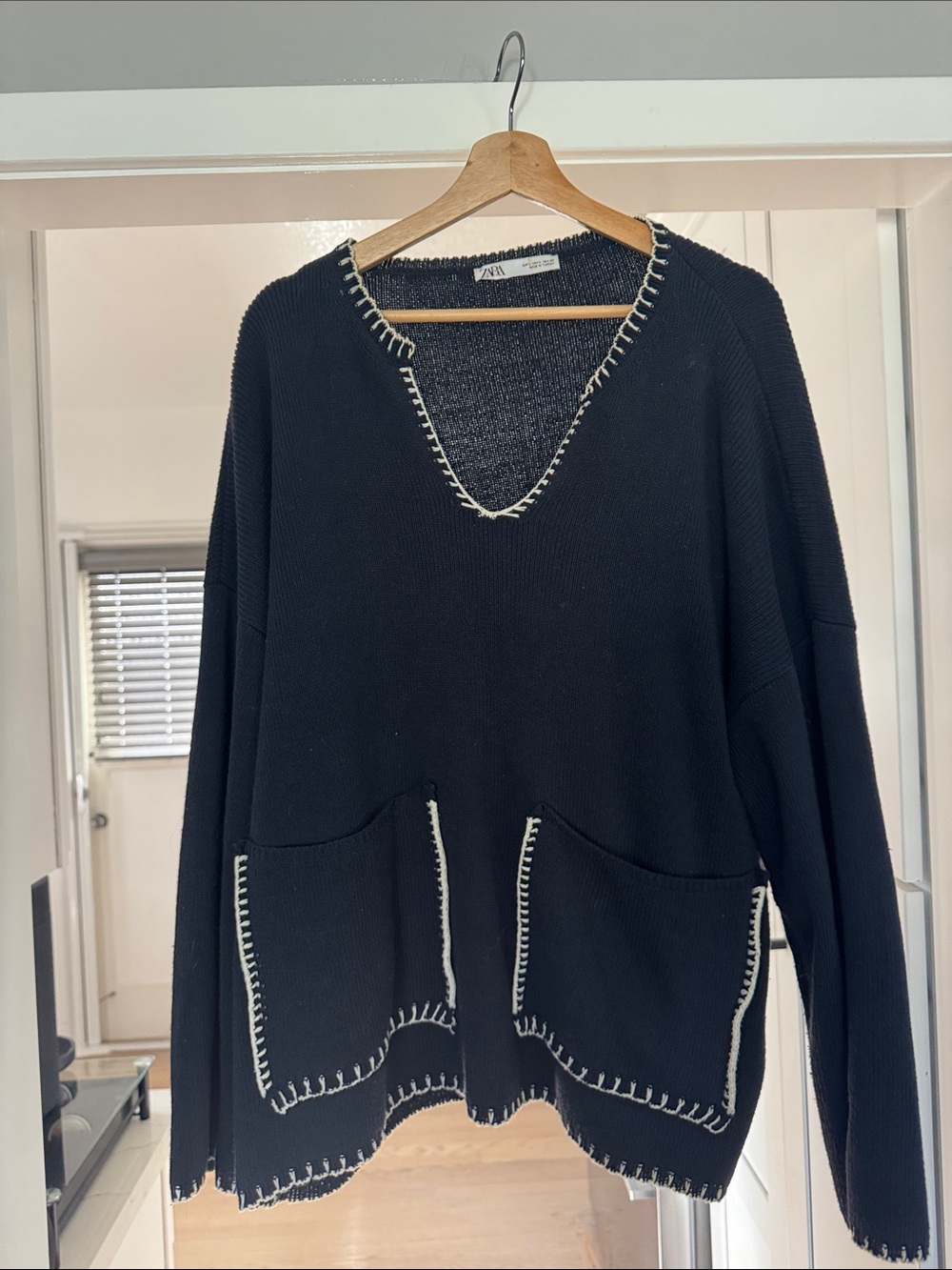 Zara Navy Blue V-Neck Sweater with Cream Whipstitch Trim